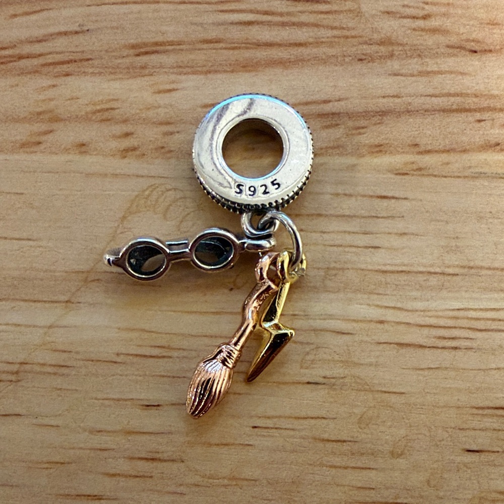 Silver and Gold Charm with Glasses and Broom Harry Potter Fits Pandora Bracelet